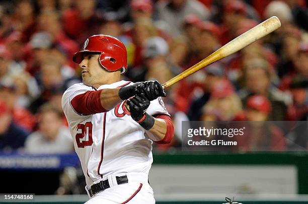 Ian Desmond of the Washington Nationals bats against the St. Louis Cardinals in Game Five of the National League Division Series at Nationals Park on...