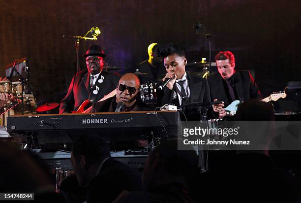 Stevie Wonder and Janelle Monae perform at the 2012 United Nations Day Concert at the United Nations on October 24, 2012 in New York City.
