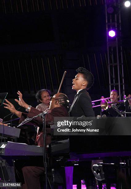 Stevie Wonder and Janelle Monae perform at the 2012 United Nations Day Concert at the United Nations on October 24, 2012 in New York City.