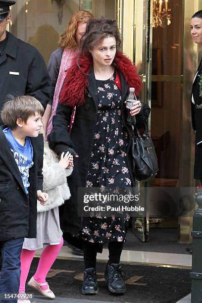 Actress Helena Bonham-Carter and children Nell and Billy Ray Burton are seen leaving the 'Bristol' hotel on October 25, 2012 in Paris, France.