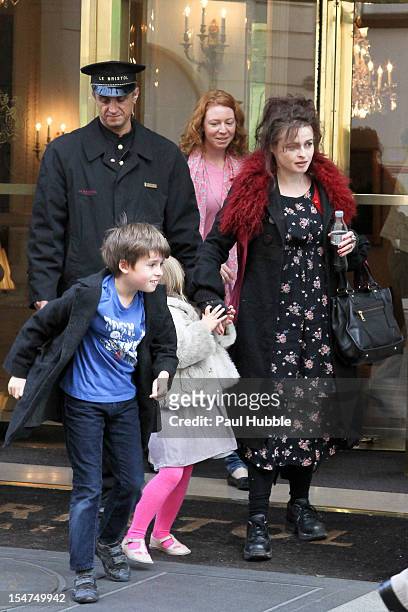 Actress Helena Bonham-Carter and children Nell and Billy Ray Burton are seen leaving the 'Bristol' hotel on October 25, 2012 in Paris, France.