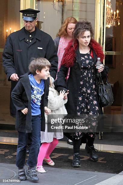 Actress Helena Bonham-Carter and children Nell and Billy Ray Burton are seen leaving the 'Bristol' hotel on October 25, 2012 in Paris, France.