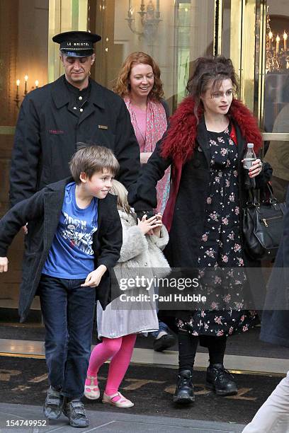 Actress Helena Bonham-Carter and children Nell and Billy Ray Burton are seen leaving the 'Bristol' hotel on October 25, 2012 in Paris, France.