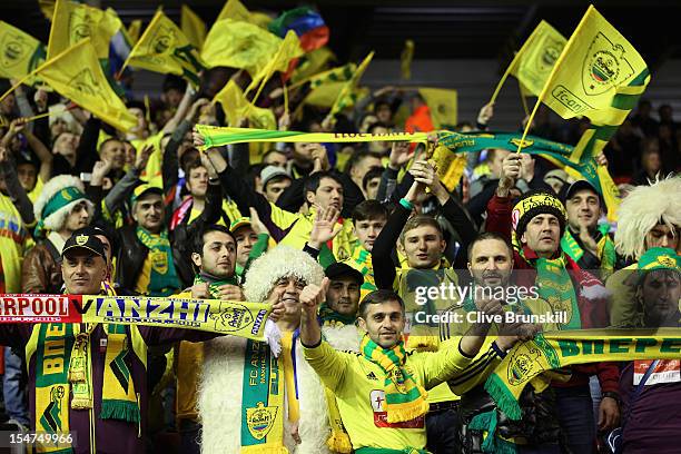 Fc Anji Makhachkala fans show their support during the UEFA Europa League Group A match between Liverpool FC and FC Anzhi Makhachkala at Anfield on...