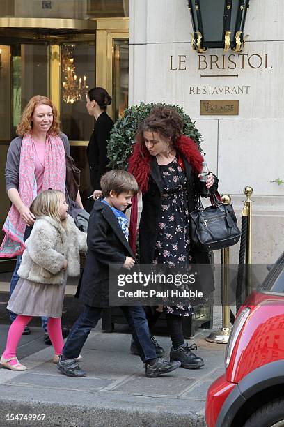 Actress Helena Bonham-Carter and children Nell and Billy Ray Burton are seen leaving the 'Bristol' hotel on October 25, 2012 in Paris, France.