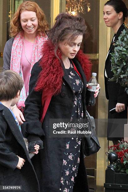 Actress Helena Bonham-Carter and children Nell and Billy Ray Burton are seen leaving the 'Bristol' hotel on October 25, 2012 in Paris, France.