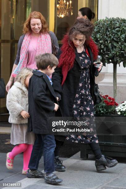 Actress Helena Bonham-Carter and children Nell and Billy Ray Burton are seen leaving the 'Bristol' hotel on October 25, 2012 in Paris, France.