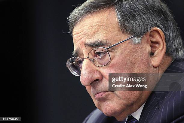 Secretary of Defense Leon Panetta participates during a news briefing October 25, 2012 at the Pentagon in Arlington, Virginia. Panetta discussed...