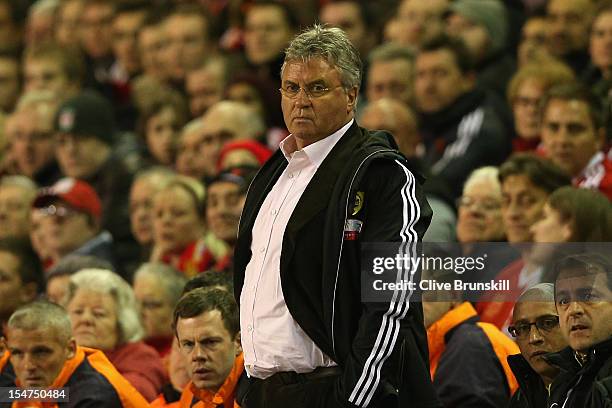 Fc Anji Makhachkala Head Coach Guus Hiddink looks on during the UEFA Europa League Group A match between Liverpool FC and FC Anzhi Makhachkala at...