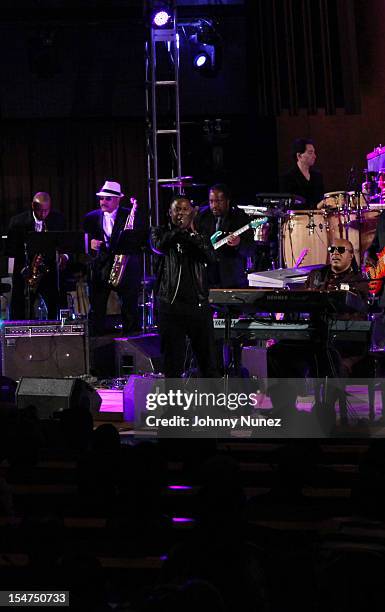 Doug E. Fresh and Stevie Wonder perform at the 2012 United Nations Day Concert at the United Nations on October 24, 2012 in New York City.