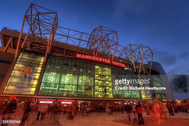 General view of the East Stand at Old Trafford, the home of Manchester United before the UEFA Champions League match between Manchester United and...