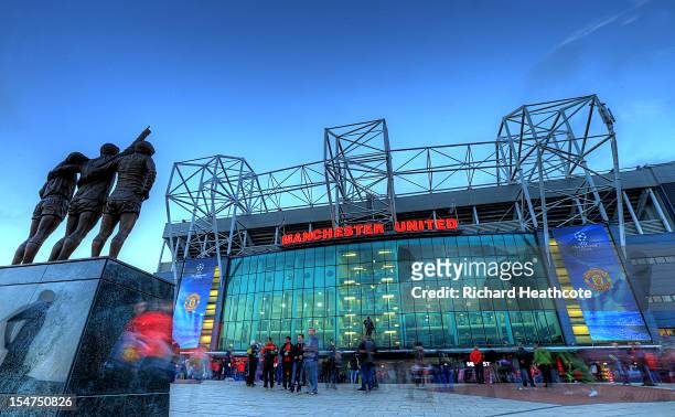 General view of the East Stand at Old Trafford, the home of Manchester United before the UEFA Champions League match between Manchester United and...