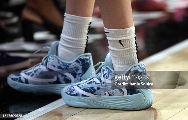 Detail of the shoes of Breanna Stewart of Team Stewart during the 2023 WNBA All-Star game at Michelob ULTRA Arena on July 15, 2023 in Las Vegas,...