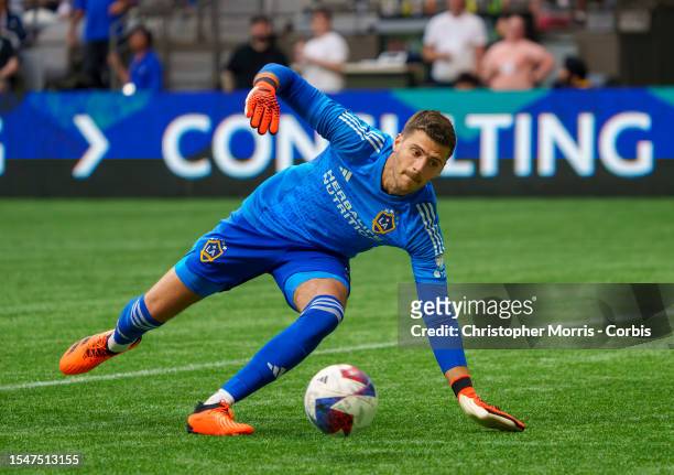 Jonathan Bond, of Los Angeles Galaxy scrambles for the ball against the Vancouver Whitecaps FC in the first half at BC Place on July 15, 2023 in...