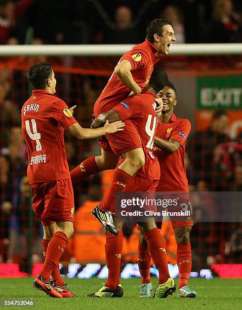 Stewart Downing of Liverpool celebrates scoring the opening goal during the UEFA Europa League Group A match between Liverpool FC and FC Anzhi...