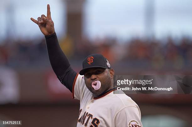 World Series: Closeup of San Francisco Giants Pablo Sandoval during game vs Detroit Tigers at AT&T Park. Sandoval becomes fourth player in history to...