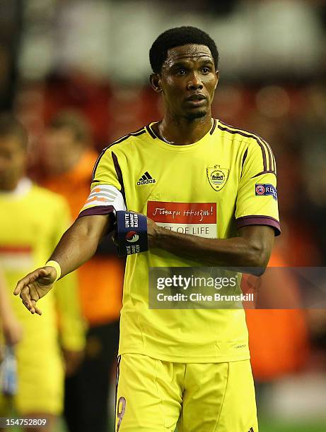 Samuel Eto'o of FC Anji Makhachkala looks on at the end of the UEFA Europa League Group A match between Liverpool FC and FC Anzhi Makhachkala at...