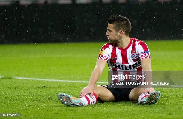 Eindhoven player Dries Mertens sits on the field during the UEFA Europa League football match PSV Eindhoven vs AIK Solna , on October 25, 2012 in...