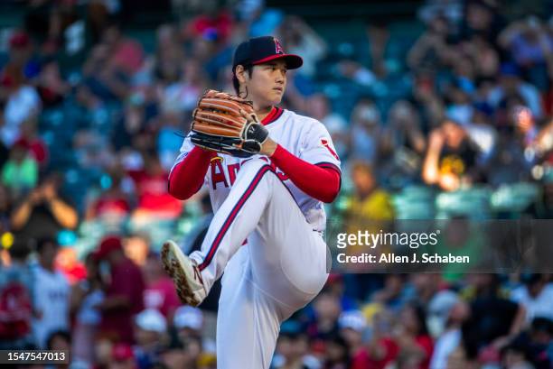 Anaheim, CA Angels starting pitcher and two-way player Shohei Ohtani delivers a pitch in the first inning against the Pirates at Angel Stadium in...