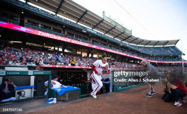 Anaheim, CA Angels starting pitcher and two-way player Shohei Ohtani heads to the mound to pitch against the Pirates at Angel Stadium in Anaheim...