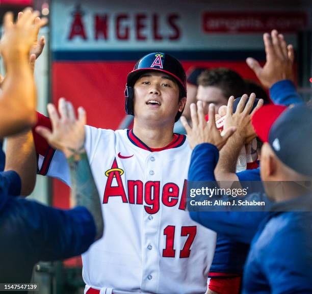 Anaheim, CA Angels starting pitcher and two-way player Shohei Ohtani is congratulated by teammates after scoring on Angels center fielder Mickey...