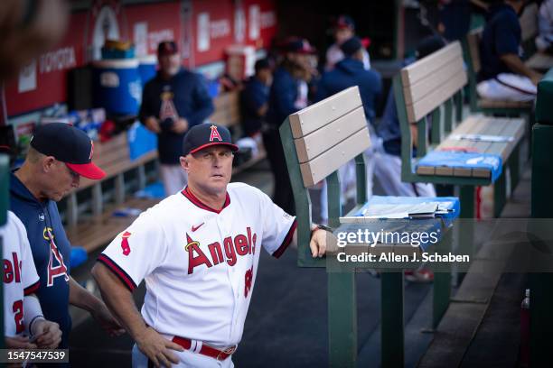 Anaheim, CA Angels manager Phil Nevin waits for the game to start with the Pirates at Angel Stadium in Anaheim Friday, July 21, 2023.