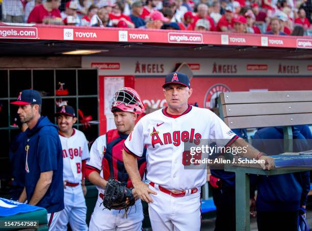 Anaheim, CA Angels manager Phil Nevin waits for the game to start with the Pirates at Angel Stadium in Anaheim Friday, July 21, 2023.