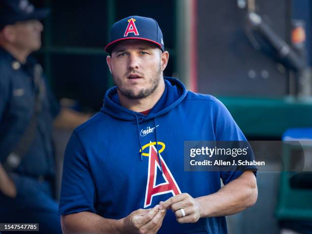 Anaheim, CA Angels star Mike Trout walks in the dugout before a game with the Pirates at Angel Stadium in Anaheim Friday, July 21, 2023.