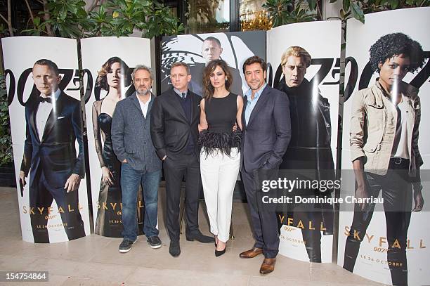 Sam Mendes, Daniel Craig, Berenice Marlohe and Javier Bardem pose during the photocall for the film 'Skyfall' at Hotel George V on October 25, 2012...