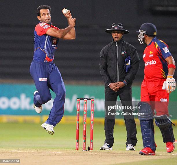 Irfan Pathan bowls during the Karbonn Smart CLT20 Semi Final match between bizhub Highveld Lions and Delhi Daredevils at Sahara Stadium Kingsmead on...