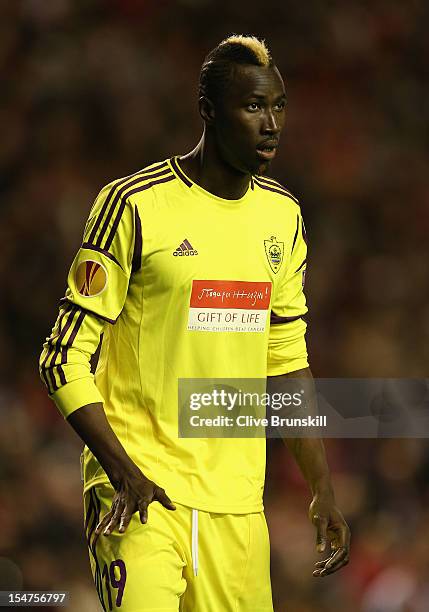 Lacina Traore of FC Anji Makhachkala looks on during the UEFA Europa League Group A match between Liverpool FC and FC Anzhi Makhachkala at Anfield on...