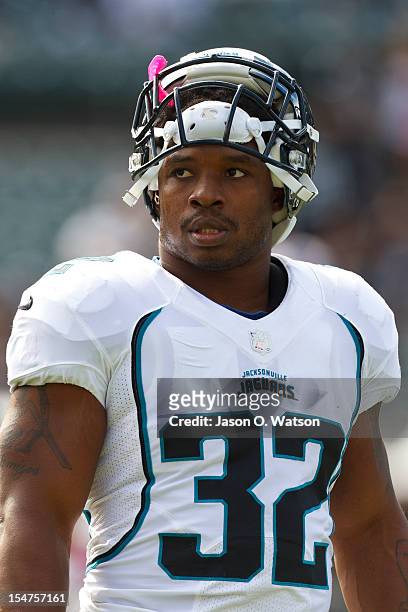 Running back Maurice Jones-Drew of the Jacksonville Jaguars warms up before the game against the Oakland Raiders at O.co Coliseum on October 21, 2012...