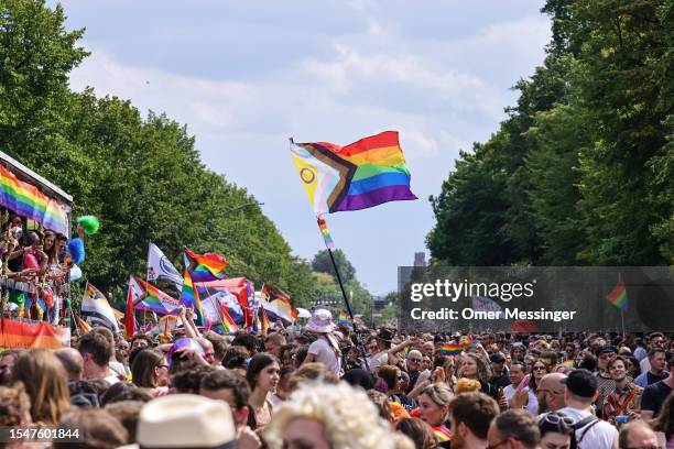 Progress Pride Flag with the Intersex circle is waved during the annual Christopher Street Day parade on July 22, 2023 in Berlin, Germany. CSD Berlin...