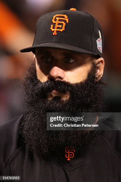 Brian Wilson of the San Francisco Giants looks on from the dugout against the Detroit Tigers during Game Two of the Major League Baseball World...