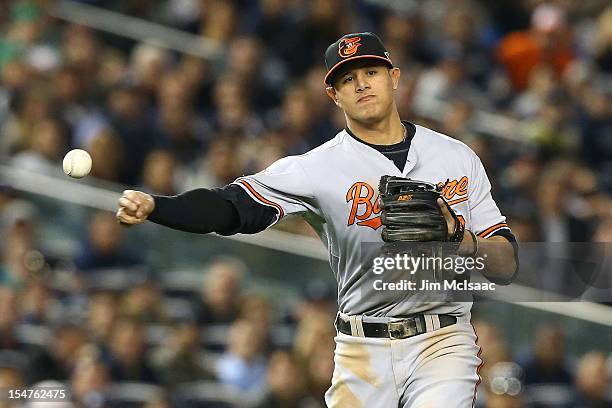 Manny Machado of the Baltimore Orioles in action against the New York Yankees during Game Three of the American League Division Series at Yankee...