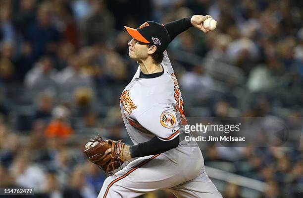 Miguel Gonzalez of the Baltimore Orioles in action against the New York Yankees during Game Three of the American League Division Series at Yankee...