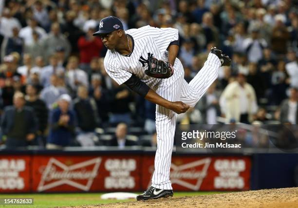 Rafael Soriano of the New York Yankees in action against the Baltimore Orioles during Game Three of the American League Division Series at Yankee...