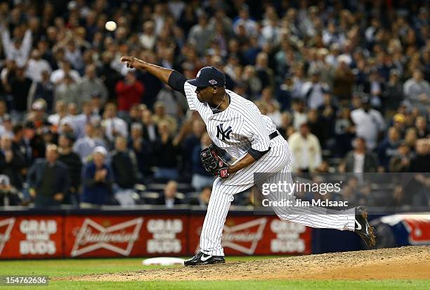 Rafael Soriano of the New York Yankees in action against the Baltimore Orioles during Game Three of the American League Division Series at Yankee...