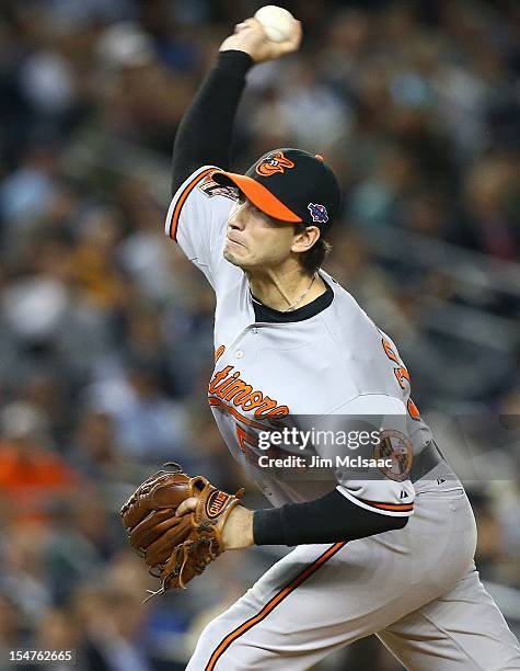 Miguel Gonzalez of the Baltimore Orioles in action against the New York Yankees during Game Three of the American League Division Series at Yankee...