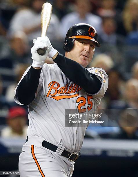 Jim Thome of the Baltimore Orioles in action against the New York Yankees during Game Three of the American League Division Series at Yankee Stadium...