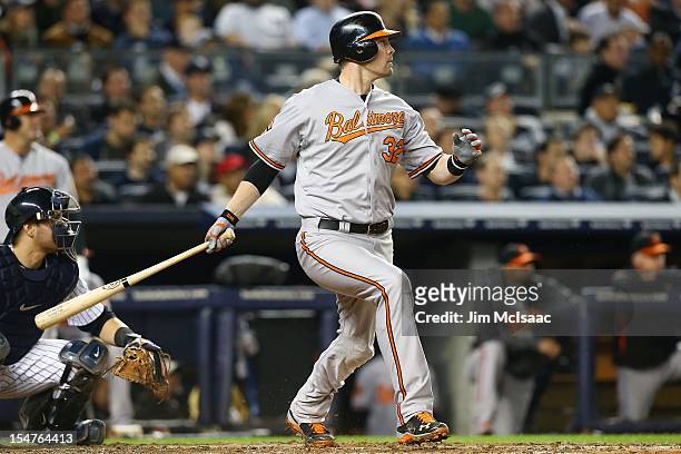 Matt Wieters of the Baltimore Orioles in action against the New York Yankees during Game Three of the American League Division Series at Yankee...