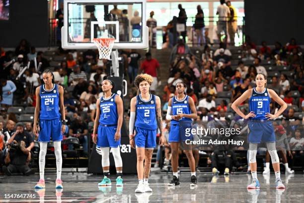 DeWanna Bonner, Alyssa Thomas, Natisha Hiedeman, Tiffany Hayes and Rebecca Allen of the Connecticut Sun look on during the game against the Atlanta...