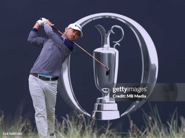 American Brian Harman tees off on the first hole on Day Three of The 151st Open at Royal Liverpool Golf Club on July 22, 2023 in Hoylake, England.