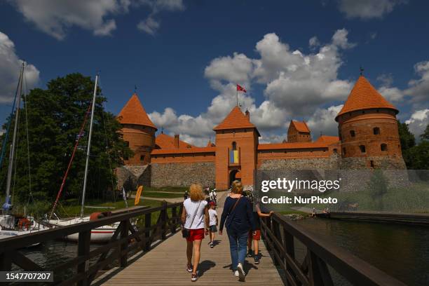 The bridge to the main castle gatehouse on July 13 in Trakai, Lithuania. Trakai Island Castle is a historic island castle constructed in the 14th...