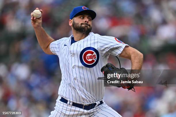 Michael Fulmer of the Chicago Cubs pitches in the second inning against the St. Louis Cardinals at Wrigley Field on July 22, 2023 in Chicago,...