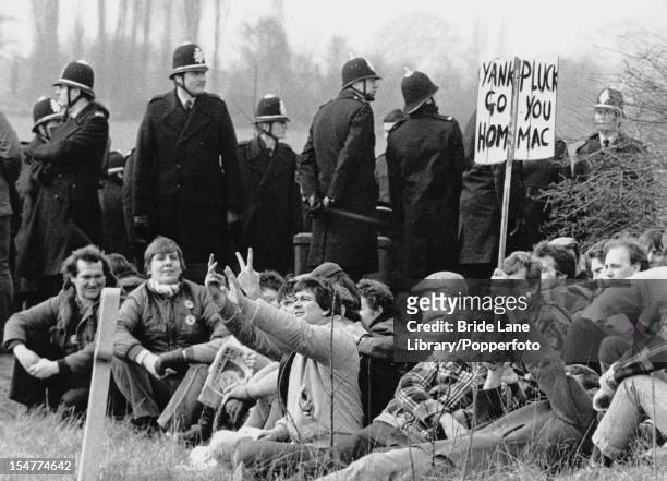 Picketers and policemen outside Thoresby Colliery in Nottinghamshire, during the miners' strike, 20th March 1984.