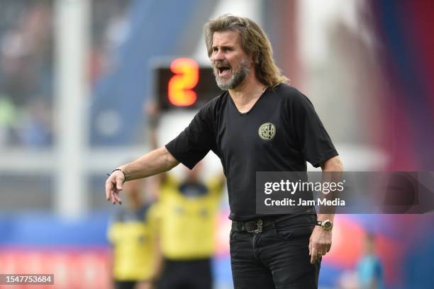 Federico Insua coach of San Lorenzo gives instructions to his player from the side line during a Liga Profesional 2023 match between San Lorenzo and...