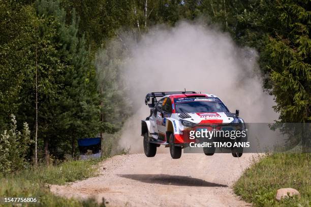 Kalle Rovanpera of Finland and his co-driver Jonne Halttunen compete in their Toyota Yaris Rally1 HYBRID during the Otepaa stage of the Rally...