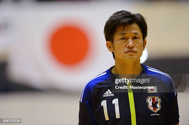 Kazuyoshi Miura of Japan looks on prior to the futsal international friendly match between Japan and Brazil at Yoyogi Gymnasium on October 24, 2012...