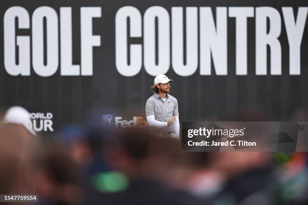 Tommy Fleetwood of England acknowledges the crowd on the 2nd green during Day Four of the Genesis Scottish Open at The Renaissance Club on July 16,...